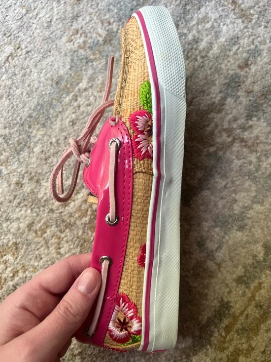 Sperry Hot Pink Floral Embroidered Canvas & Patent Boat Shoes - Picture 2 of 10